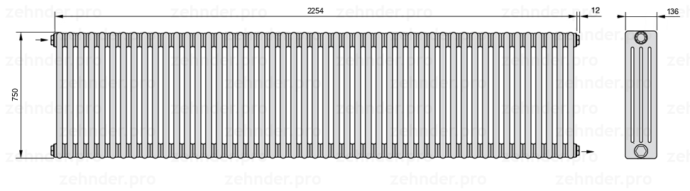 Схема (чертеж) Радиатор Zehnder Charleston 4075/49 №1670 Белый глянцевый RAL 9016